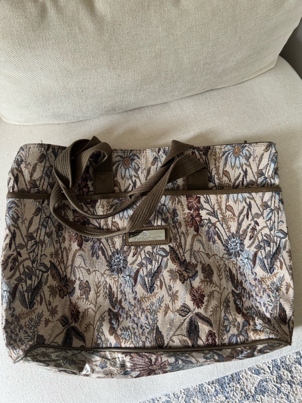 Jordache Floral Tapestry Tote in Beige, Brown and Blue